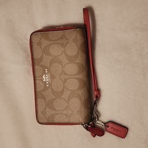 Coach signature khaki and pink double zip wallet